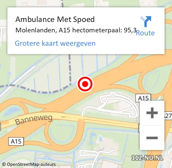 Locatie op kaart van de 112 melding: Ambulance Met Spoed Naar Molenlanden, A15 hectometerpaal: 95,3 op 20 mei 2024 08:56
