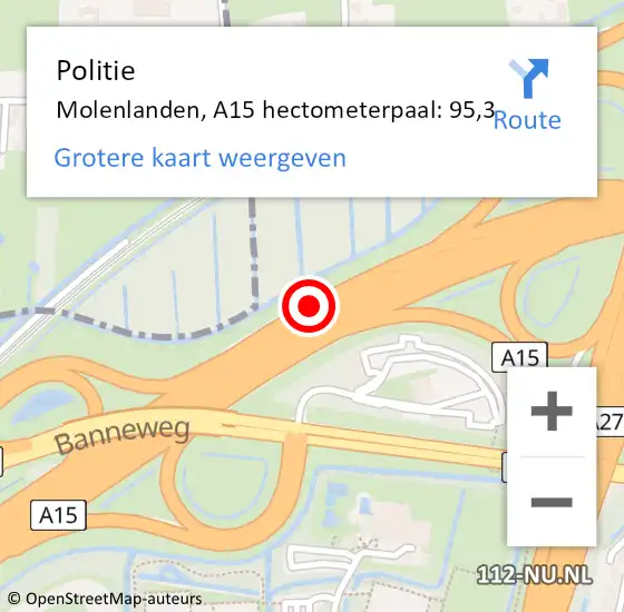 Locatie op kaart van de 112 melding: Politie Molenlanden, A15 hectometerpaal: 95,3 op 20 mei 2024 08:58