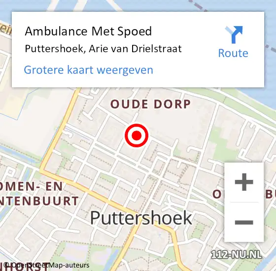 Locatie op kaart van de 112 melding: Ambulance Met Spoed Naar Puttershoek, Arie van Drielstraat op 20 mei 2024 09:39