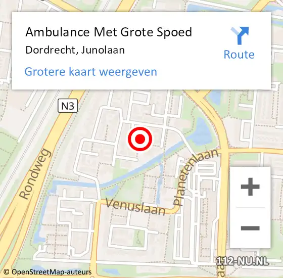 Locatie op kaart van de 112 melding: Ambulance Met Grote Spoed Naar Dordrecht, Junolaan op 20 mei 2024 10:06