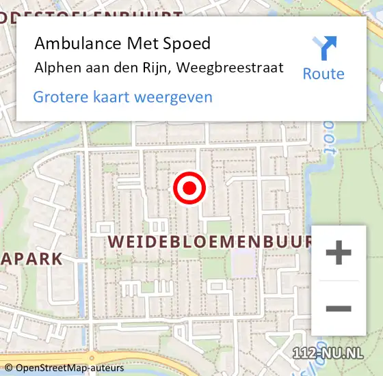 Locatie op kaart van de 112 melding: Ambulance Met Spoed Naar Alphen aan den Rijn, Weegbreestraat op 20 mei 2024 10:59