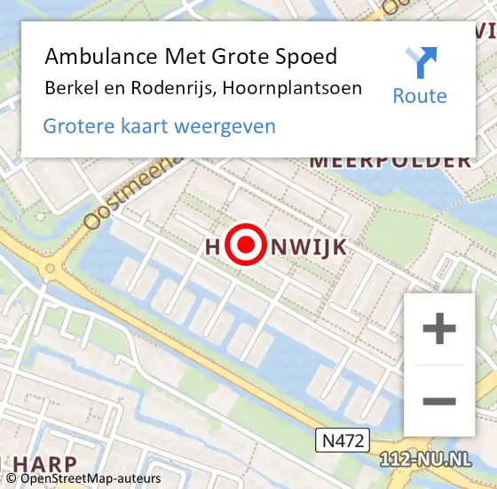 Locatie op kaart van de 112 melding: Ambulance Met Grote Spoed Naar Berkel en Rodenrijs, Hoornplantsoen op 20 mei 2024 11:07