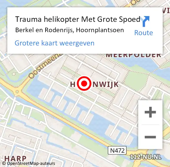 Locatie op kaart van de 112 melding: Trauma helikopter Met Grote Spoed Naar Berkel en Rodenrijs, Hoornplantsoen op 20 mei 2024 11:11