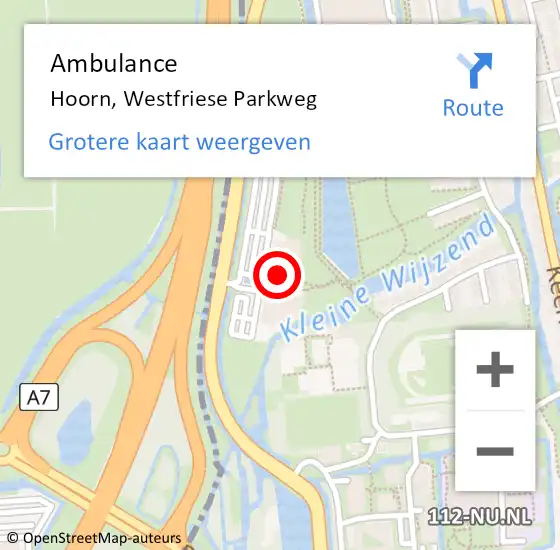 Locatie op kaart van de 112 melding: Ambulance Hoorn, Westfriese Parkweg op 20 mei 2024 11:38