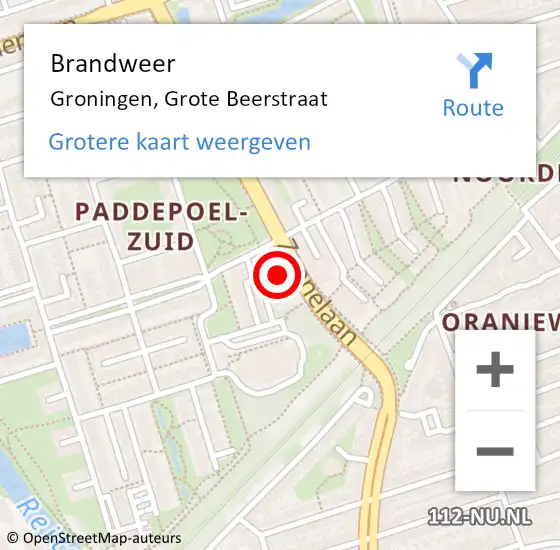 Locatie op kaart van de 112 melding: Brandweer Groningen, Grote Beerstraat op 20 mei 2024 12:11