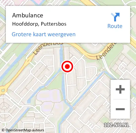 Locatie op kaart van de 112 melding: Ambulance Hoofddorp, Puttersbos op 20 mei 2024 13:36