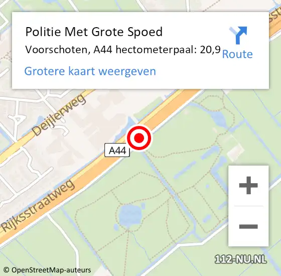 Locatie op kaart van de 112 melding: Politie Met Grote Spoed Naar Voorschoten, A44 hectometerpaal: 20,9 op 20 mei 2024 14:55