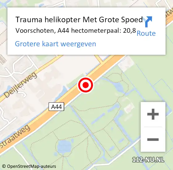 Locatie op kaart van de 112 melding: Trauma helikopter Met Grote Spoed Naar Voorschoten, A44 hectometerpaal: 20,8 op 20 mei 2024 14:56
