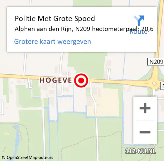 Locatie op kaart van de 112 melding: Politie Met Grote Spoed Naar Alphen aan den Rijn, N209 hectometerpaal: 20,6 op 20 mei 2024 15:08