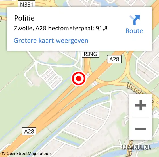 Locatie op kaart van de 112 melding: Politie Zwolle, A28 hectometerpaal: 91,8 op 20 mei 2024 15:26