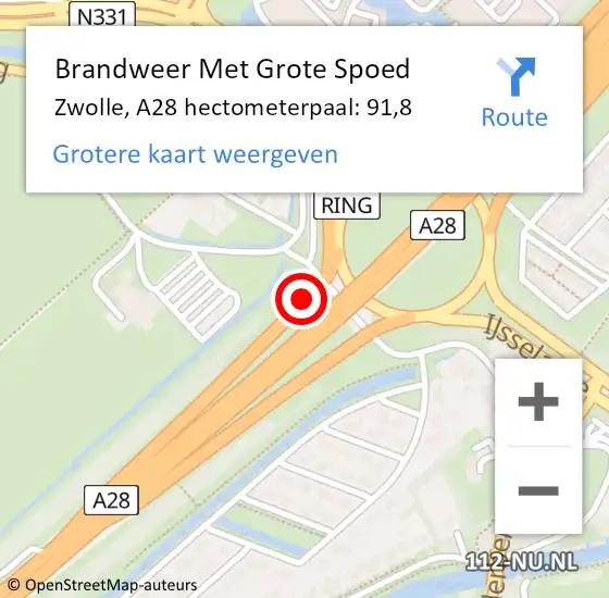 Locatie op kaart van de 112 melding: Brandweer Met Grote Spoed Naar Zwolle, A28 hectometerpaal: 91,8 op 20 mei 2024 15:30