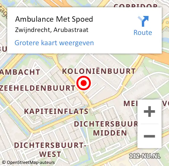 Locatie op kaart van de 112 melding: Ambulance Met Spoed Naar Zwijndrecht, Arubastraat op 20 mei 2024 15:34