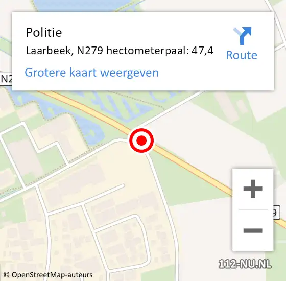 Locatie op kaart van de 112 melding: Politie Laarbeek, N279 hectometerpaal: 47,4 op 20 mei 2024 16:05