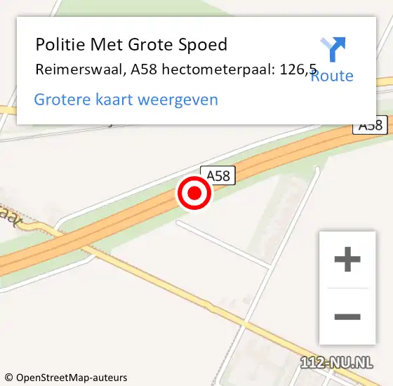 Locatie op kaart van de 112 melding: Politie Met Grote Spoed Naar Reimerswaal, A58 hectometerpaal: 126,5 op 20 mei 2024 16:48