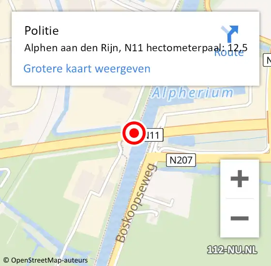 Locatie op kaart van de 112 melding: Politie Alphen aan den Rijn, N11 hectometerpaal: 12,5 op 20 mei 2024 16:59