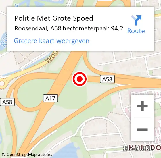 Locatie op kaart van de 112 melding: Politie Met Grote Spoed Naar Roosendaal, A58 hectometerpaal: 94,2 op 20 mei 2024 17:06