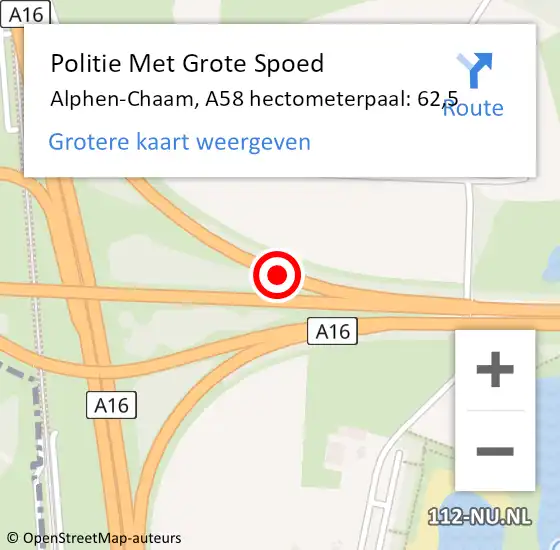 Locatie op kaart van de 112 melding: Politie Met Grote Spoed Naar Alphen-Chaam, A58 hectometerpaal: 62,5 op 20 mei 2024 18:33