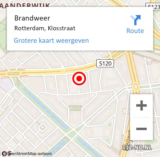 Locatie op kaart van de 112 melding: Brandweer Rotterdam, Klosstraat op 20 mei 2024 19:16