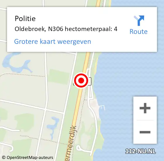 Locatie op kaart van de 112 melding: Politie Oldebroek, N306 hectometerpaal: 4 op 20 mei 2024 19:30