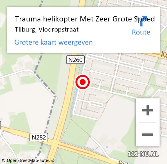 Locatie op kaart van de 112 melding: Trauma helikopter Met Zeer Grote Spoed Naar Tilburg, Vlodropstraat op 20 mei 2024 20:52