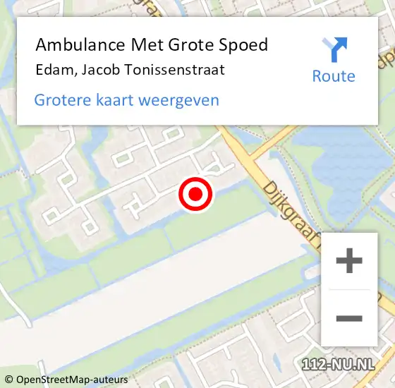 Locatie op kaart van de 112 melding: Ambulance Met Grote Spoed Naar Edam, Jacob Tonissenstraat op 20 mei 2024 22:55