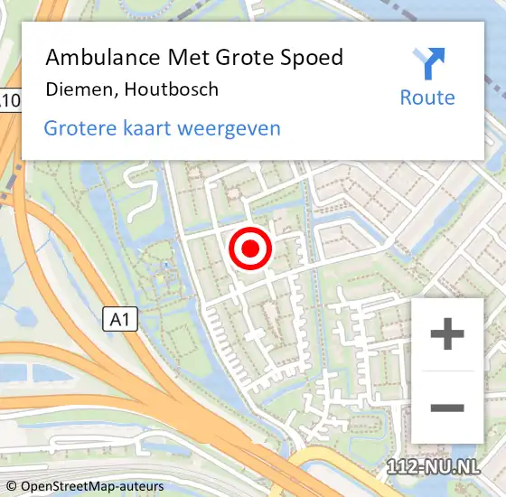 Locatie op kaart van de 112 melding: Ambulance Met Grote Spoed Naar Diemen, Houtbosch op 20 mei 2024 23:54