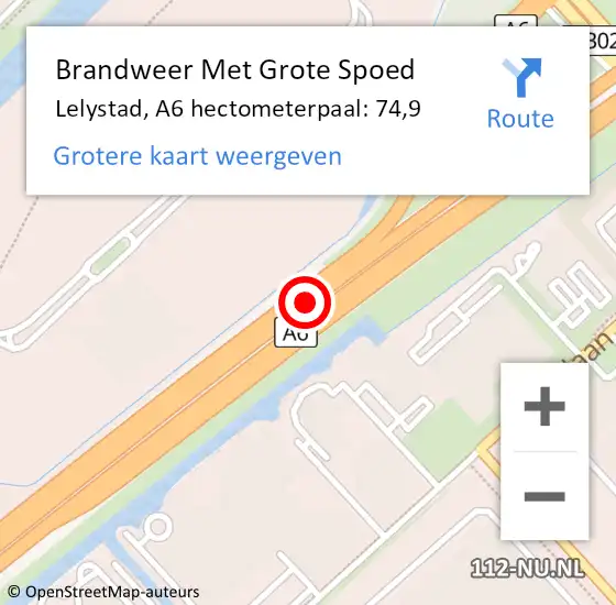 Locatie op kaart van de 112 melding: Brandweer Met Grote Spoed Naar Lelystad, A6 hectometerpaal: 74,9 op 21 mei 2024 00:18