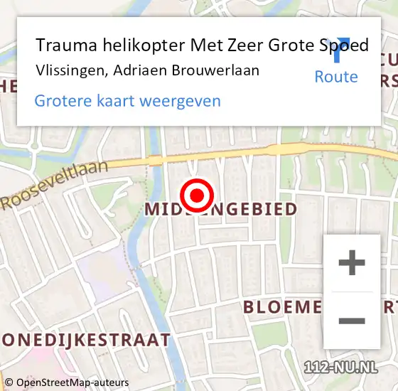Locatie op kaart van de 112 melding: Trauma helikopter Met Zeer Grote Spoed Naar Vlissingen, Adriaen Brouwerlaan op 21 mei 2024 04:43