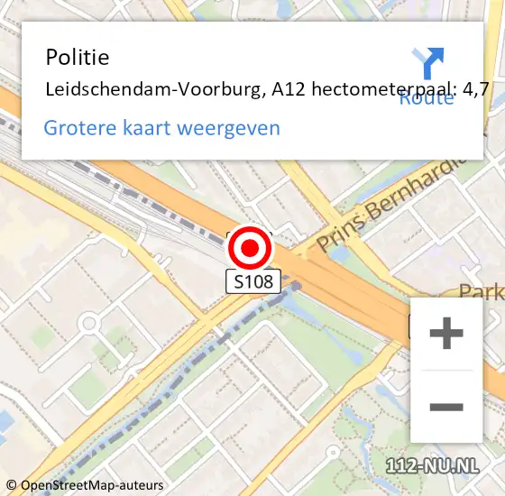 Locatie op kaart van de 112 melding: Politie Leidschendam-Voorburg, A12 hectometerpaal: 4,7 op 21 mei 2024 06:31