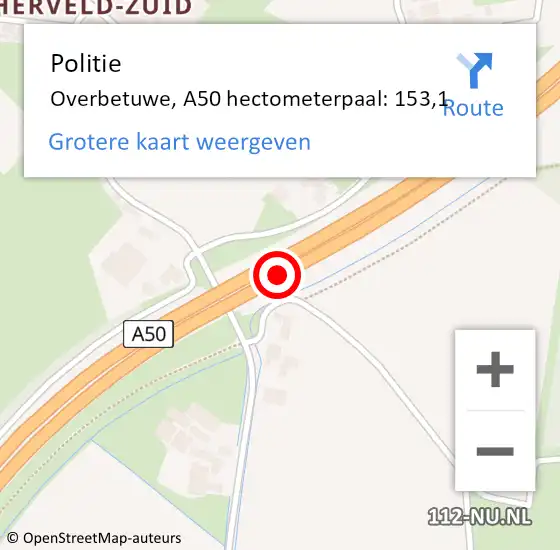 Locatie op kaart van de 112 melding: Politie Overbetuwe, A50 hectometerpaal: 153,1 op 21 mei 2024 06:32