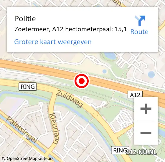 Locatie op kaart van de 112 melding: Politie Zoetermeer, A12 hectometerpaal: 15,1 op 21 mei 2024 06:48