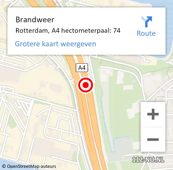 Locatie op kaart van de 112 melding: Brandweer Rotterdam, A4 hectometerpaal: 74 op 21 mei 2024 06:53