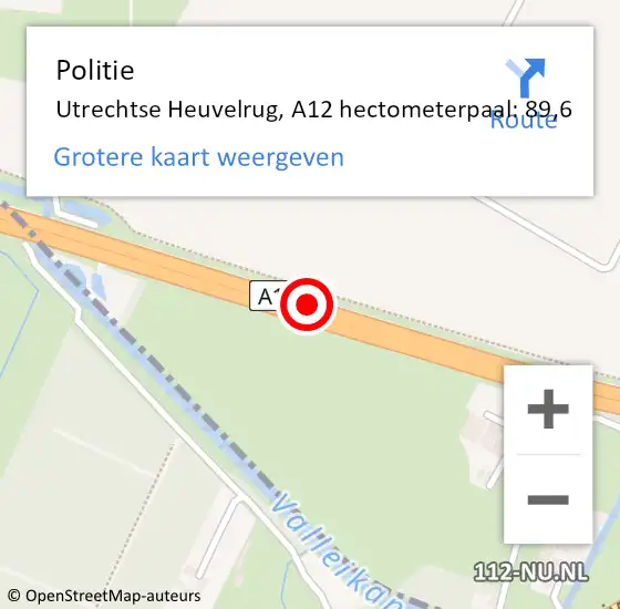 Locatie op kaart van de 112 melding: Politie Utrechtse Heuvelrug, A12 hectometerpaal: 89,6 op 21 mei 2024 07:42
