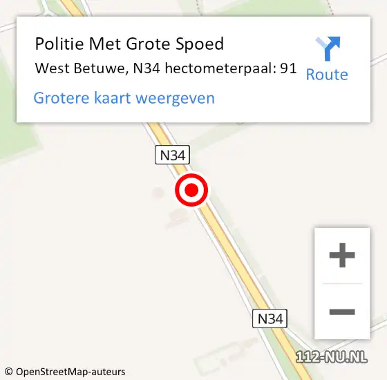 Locatie op kaart van de 112 melding: Politie Met Grote Spoed Naar West Betuwe, N34 hectometerpaal: 91 op 21 mei 2024 07:58