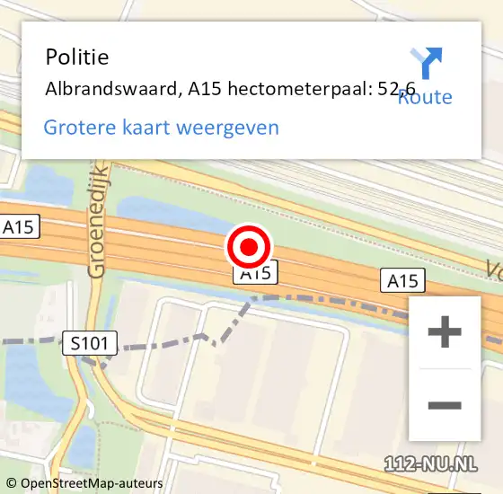 Locatie op kaart van de 112 melding: Politie Albrandswaard, A15 hectometerpaal: 52,6 op 21 mei 2024 08:34