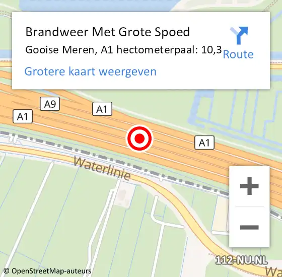 Locatie op kaart van de 112 melding: Brandweer Met Grote Spoed Naar Gooise Meren, A1 hectometerpaal: 10,3 op 21 mei 2024 08:41