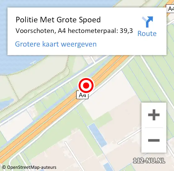 Locatie op kaart van de 112 melding: Politie Met Grote Spoed Naar Voorschoten, A4 hectometerpaal: 39,3 op 21 mei 2024 08:58