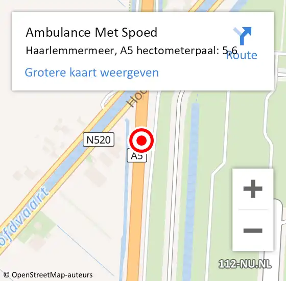 Locatie op kaart van de 112 melding: Ambulance Met Spoed Naar Haarlemmermeer, A5 hectometerpaal: 5,6 op 21 mei 2024 09:46