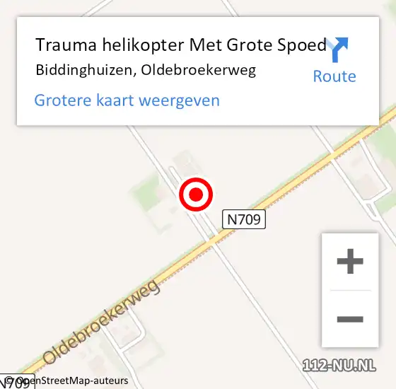 Locatie op kaart van de 112 melding: Trauma helikopter Met Grote Spoed Naar Biddinghuizen, Oldebroekerweg op 21 mei 2024 12:38