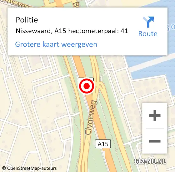 Locatie op kaart van de 112 melding: Politie Nissewaard, A15 hectometerpaal: 41 op 21 mei 2024 13:18