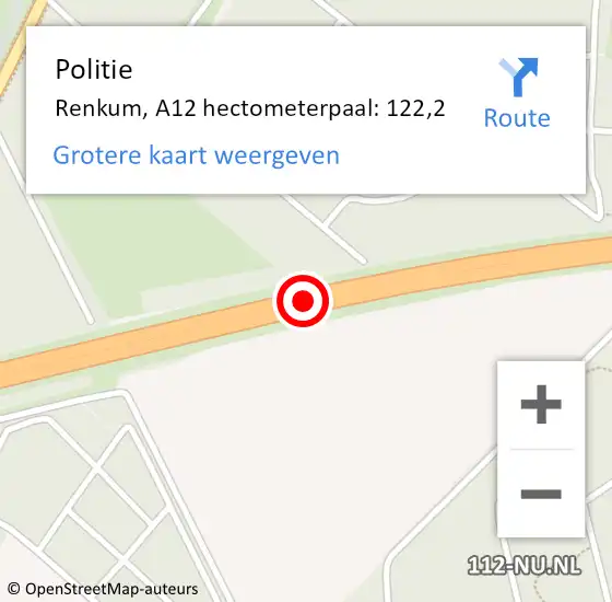 Locatie op kaart van de 112 melding: Politie Renkum, A12 hectometerpaal: 122,2 op 21 mei 2024 13:27