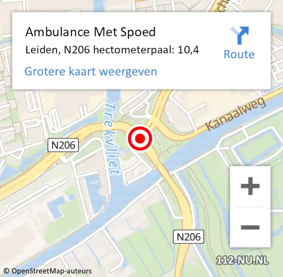 Locatie op kaart van de 112 melding: Ambulance Met Spoed Naar Leiden, N206 hectometerpaal: 10,4 op 21 mei 2024 13:49