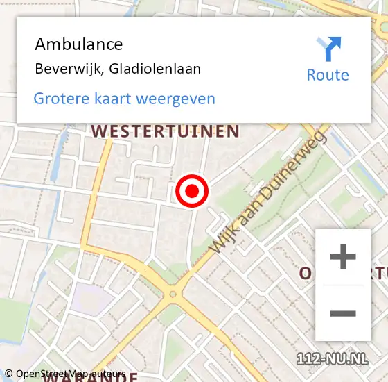 Locatie op kaart van de 112 melding: Ambulance Beverwijk, Gladiolenlaan op 21 mei 2024 14:25