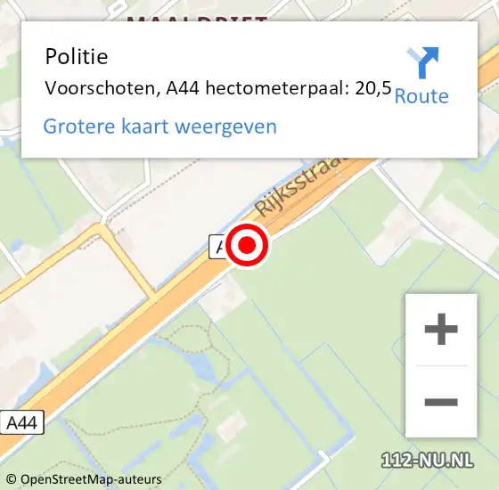 Locatie op kaart van de 112 melding: Politie Voorschoten, A44 hectometerpaal: 20,5 op 21 mei 2024 14:27