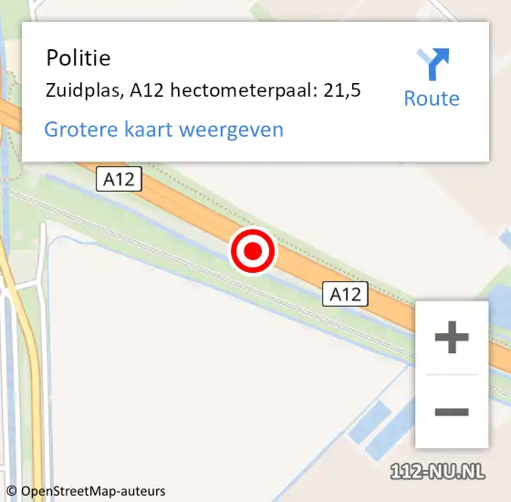 Locatie op kaart van de 112 melding: Politie Zuidplas, A12 hectometerpaal: 21,5 op 21 mei 2024 14:34