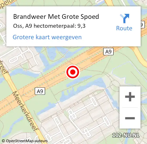 Locatie op kaart van de 112 melding: Brandweer Met Grote Spoed Naar Oss, A9 hectometerpaal: 9,3 op 21 mei 2024 14:35