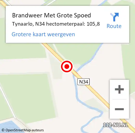 Locatie op kaart van de 112 melding: Brandweer Met Grote Spoed Naar Tynaarlo, N34 hectometerpaal: 105,8 op 21 mei 2024 15:46