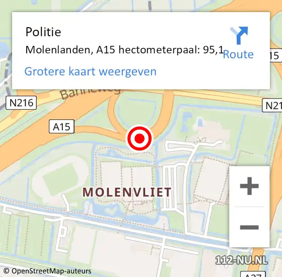 Locatie op kaart van de 112 melding: Politie Molenlanden, A15 hectometerpaal: 95,1 op 21 mei 2024 15:51