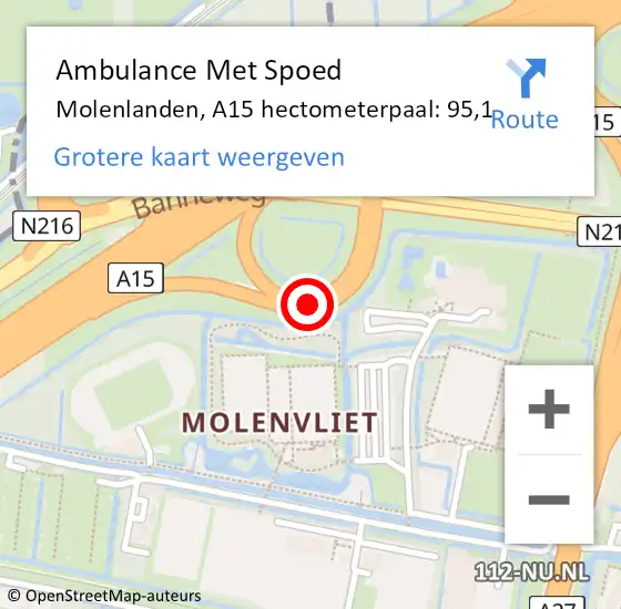 Locatie op kaart van de 112 melding: Ambulance Met Spoed Naar Molenlanden, A15 hectometerpaal: 95,1 op 21 mei 2024 15:52