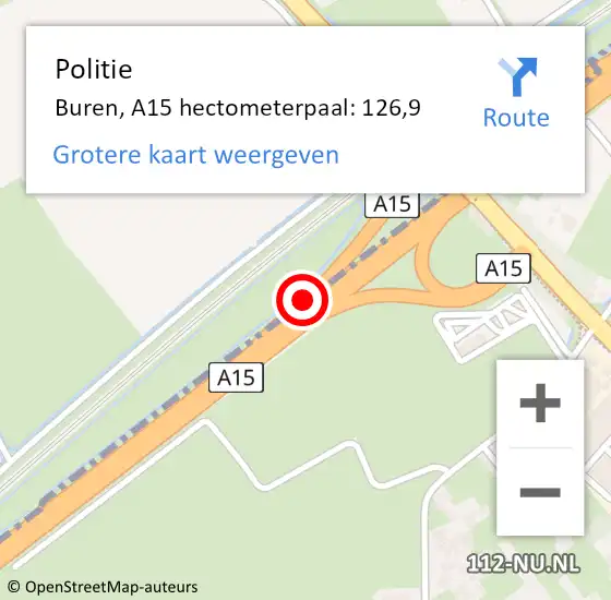 Locatie op kaart van de 112 melding: Politie Buren, A15 hectometerpaal: 126,9 op 21 mei 2024 16:24